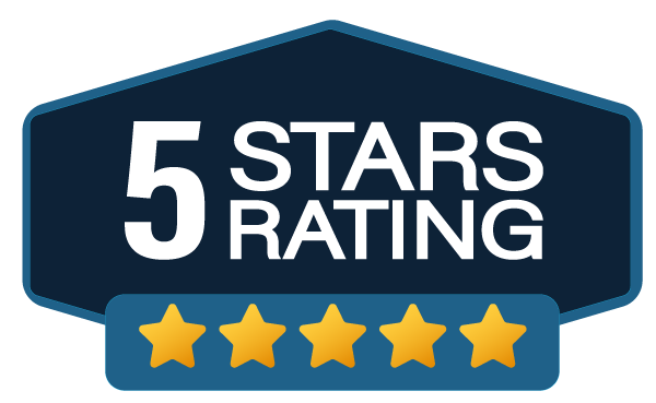 A blue badge with the words `` 5 stars rating '' and four stars.