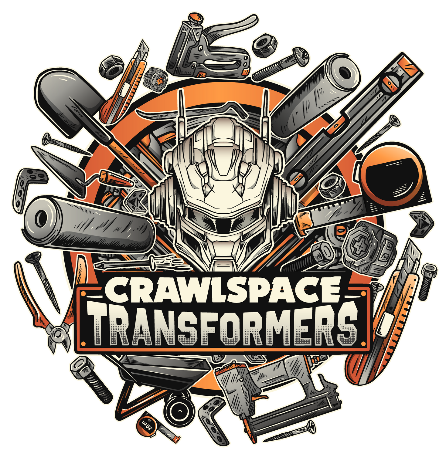 A logo for crawlspace transformers with a robot head surrounded by tools.