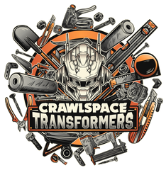 A logo for crawlspace transformers with a robot head surrounded by tools.