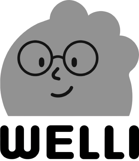 Un personaje de dibujos animados que lleva gafas y la palabra welli.