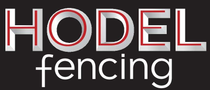 Hodel Fencing logo with white and red text on a dark background