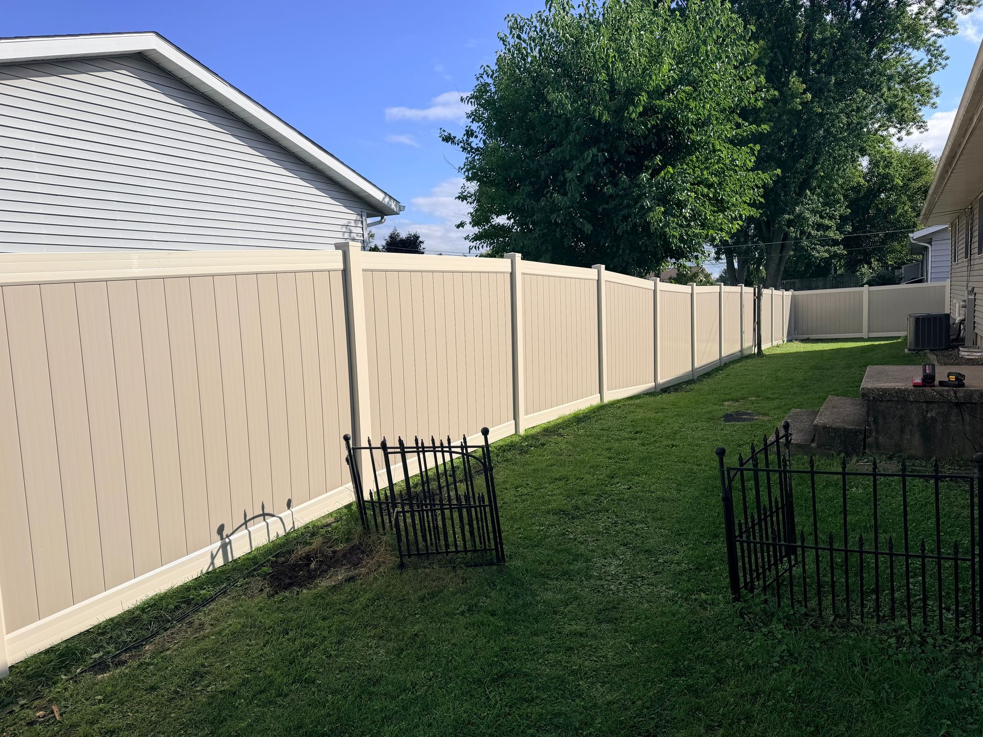Backyard with tan privacy fence, green lawn, trees, and two black wire plant guards