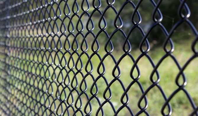 Black chain-link fence in sharp focus with blurred green grass behind it