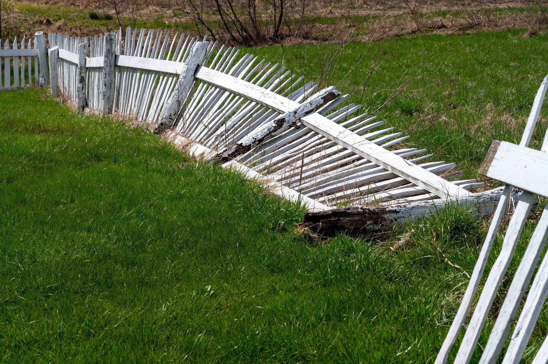 Broken white fence lying in a grassy yard after collapsing, with another fence section leaning nearby