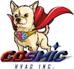 The logo for cosmic hvac inc shows a dog wearing a cape