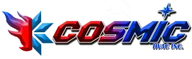 A cosmic logo with a blue and red flame