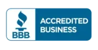 The bbb logo is blue and white and says accredited business.