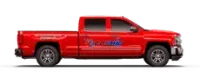 A red truck with the word cosmic on the side is on a white background.