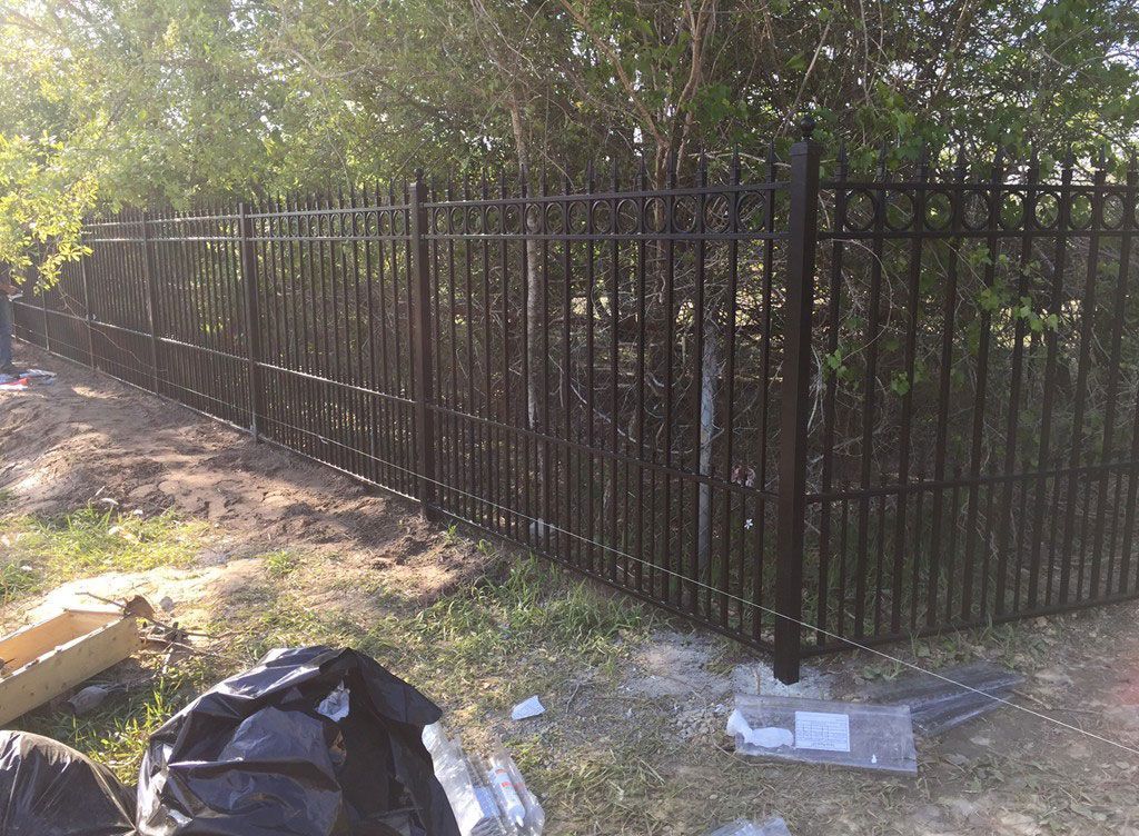 Black metal fence along a dirt path beside trees and scattered debris in sunlight