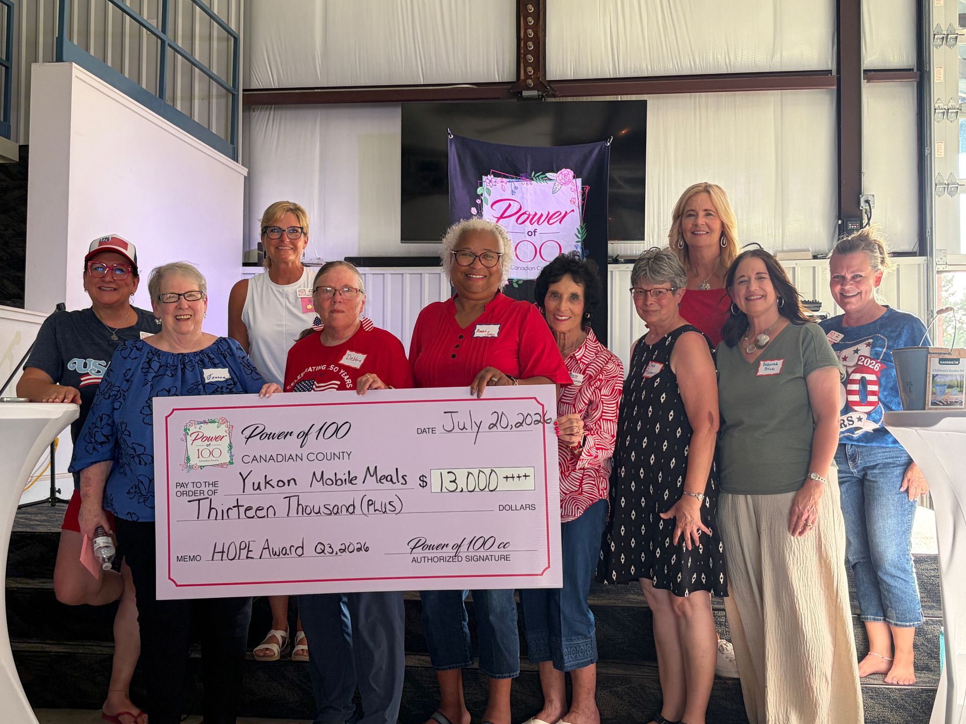 A group of people standing next to each other holding a large pink check.