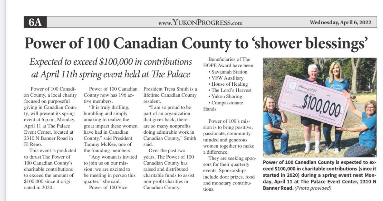 A newspaper article about the power of 100 canadian county to shower blessings