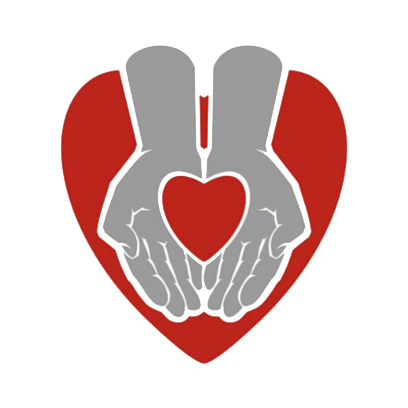 A pair of hands holding a heart in front of a red heart.
