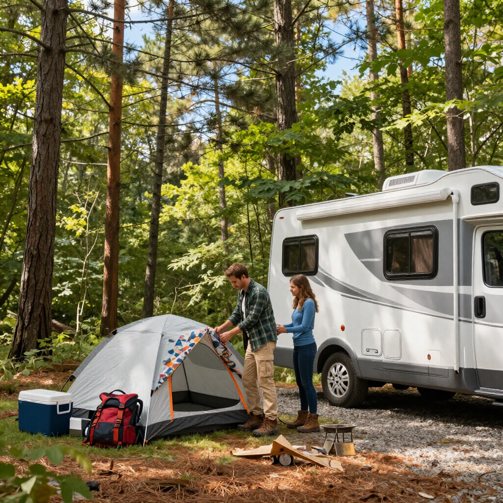 Camper beside a tent in a wooded campsite, with two people setting up gear near a fire pit.