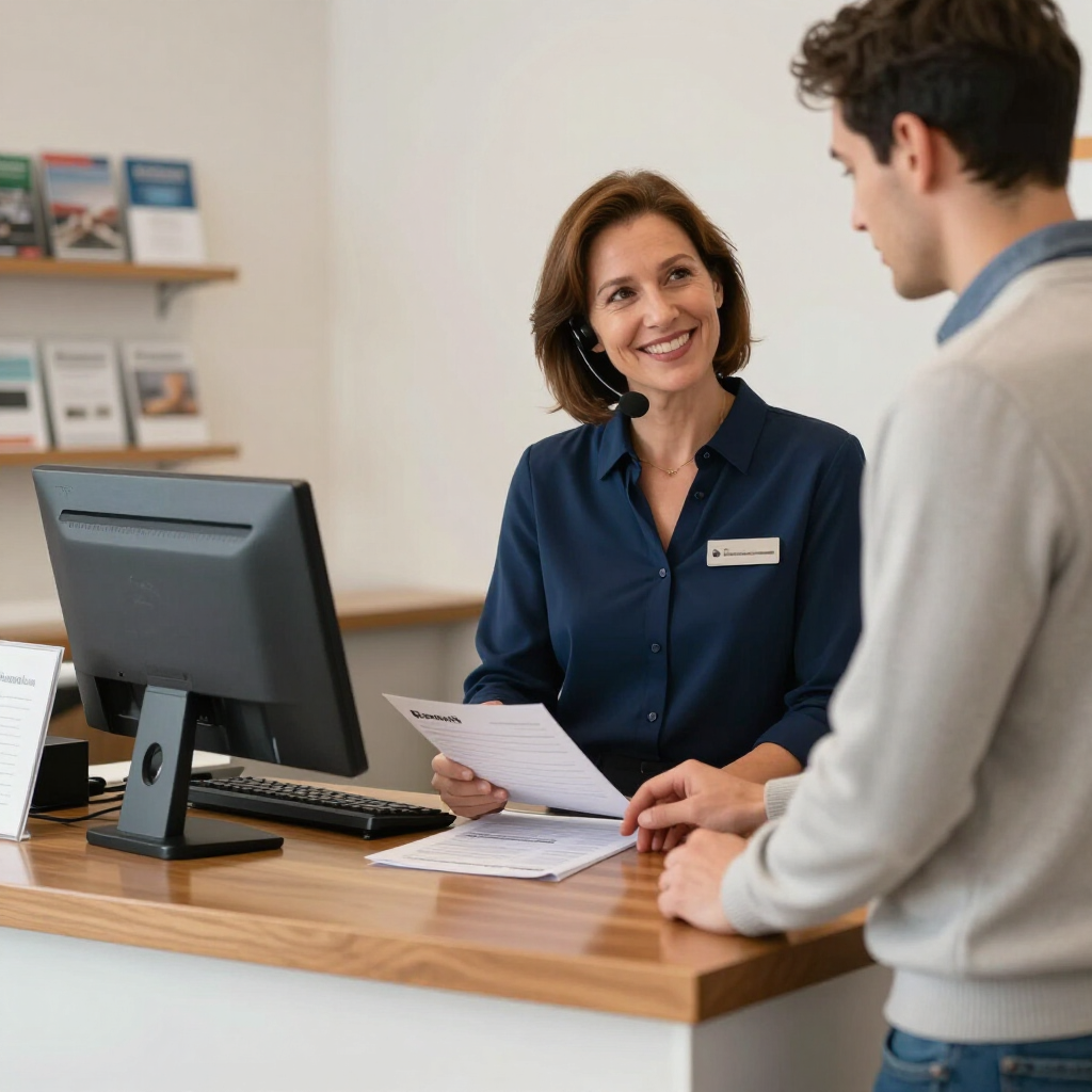 Receptionist smiling at a customer across a desk, holding paperwork beside a computer monitor
