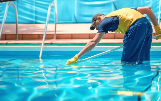 Person in yellow shirt cleans a pool with a long-handled brush, wearing gloves, in outdoor setting.