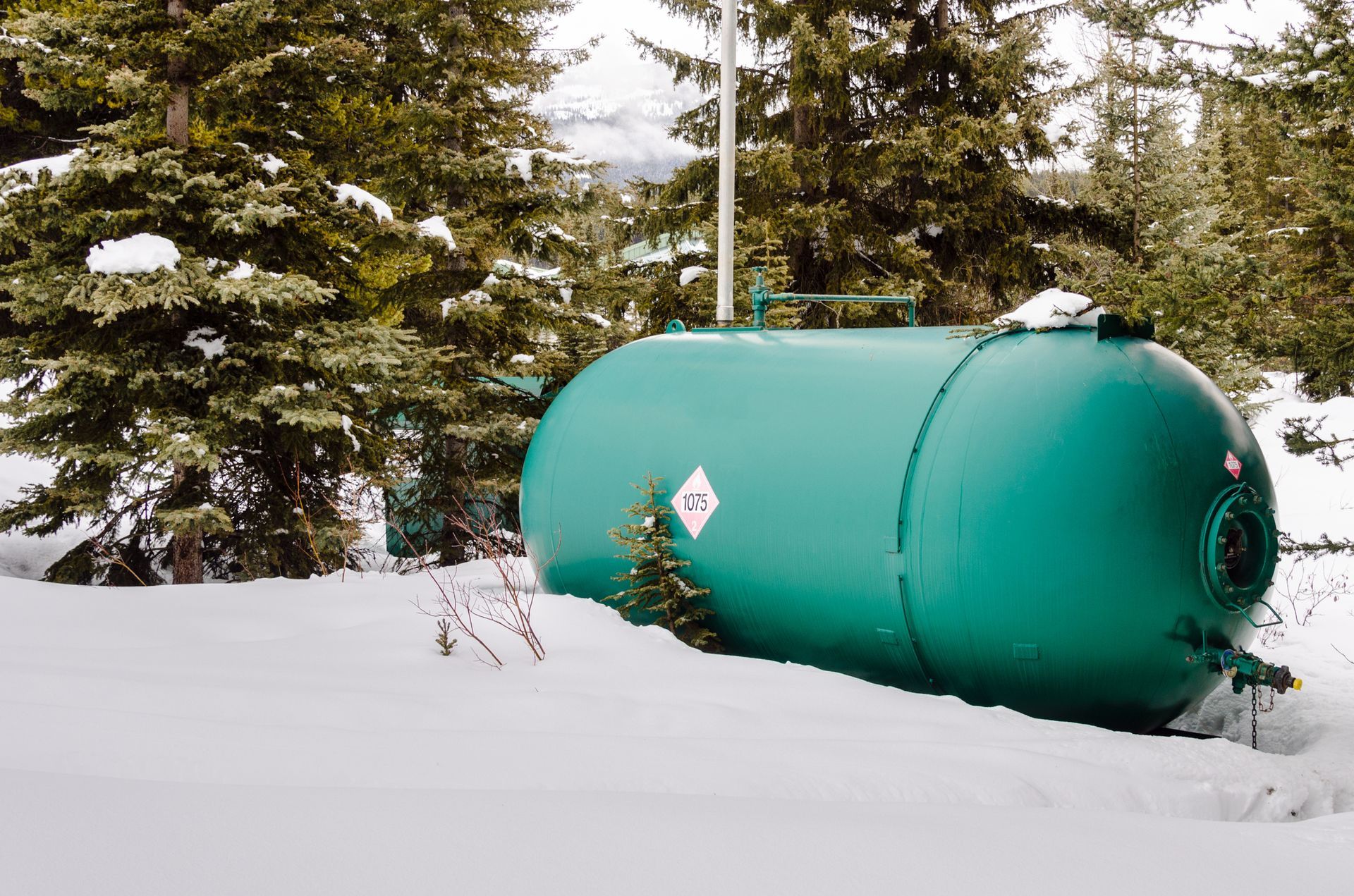 A large green propane tank in a snowy yard with pine trees in the background. A large green propane tank in a snowy yard with pine trees in the background.