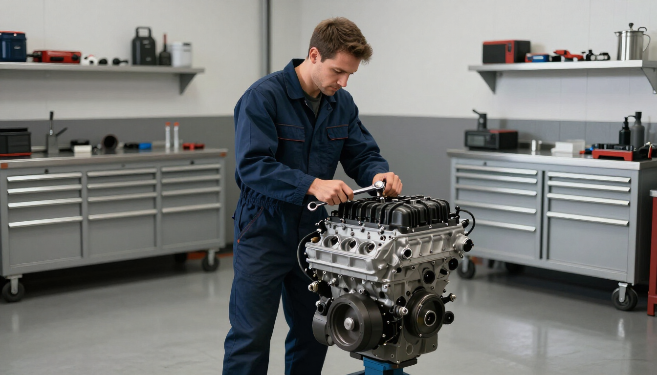 photorealistic professional mechanic working on a high performance engine in a clean modern garage cinematic lighting