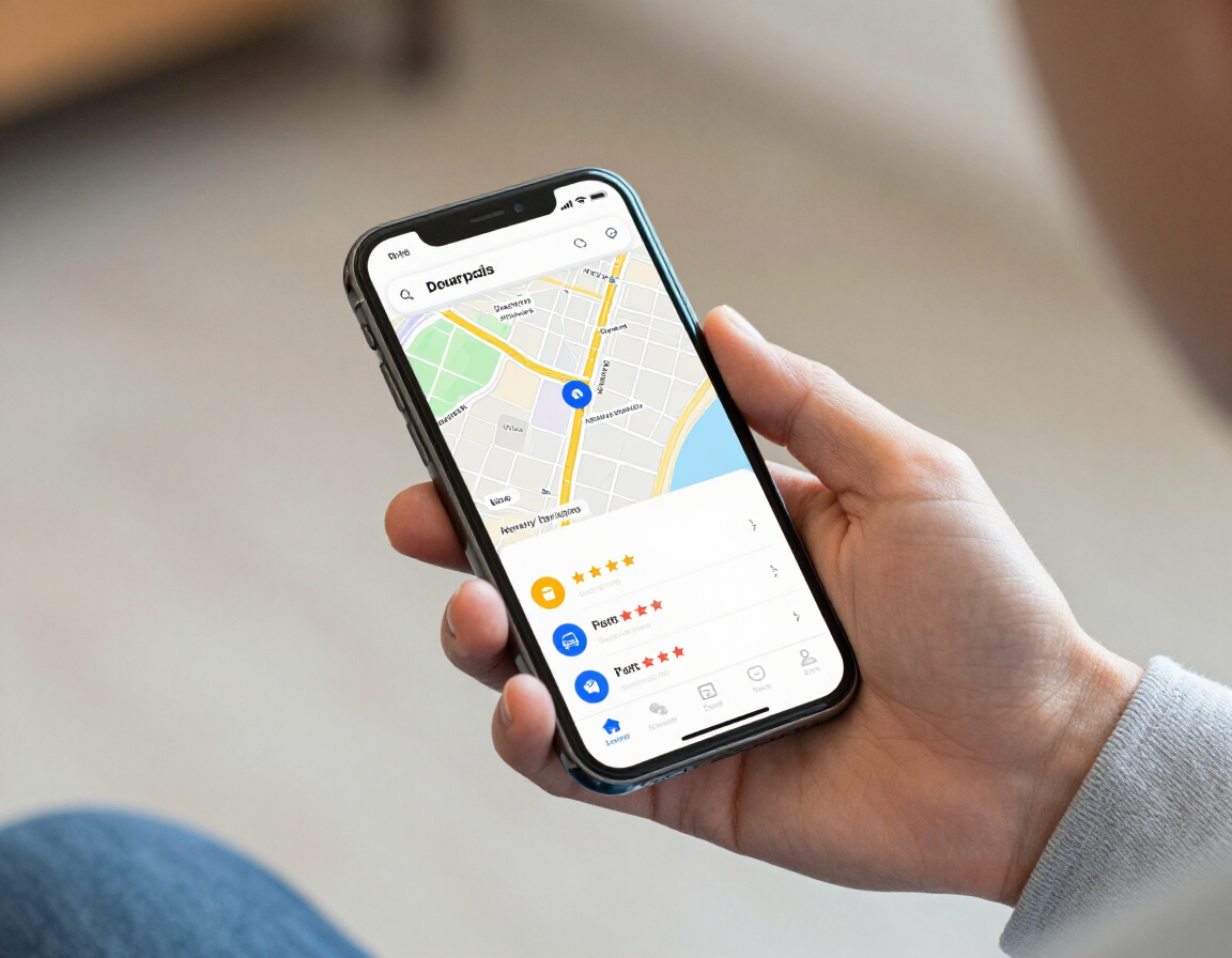 photorealistic person holding a smartphone displaying a local map search for auto repair with five star ratings