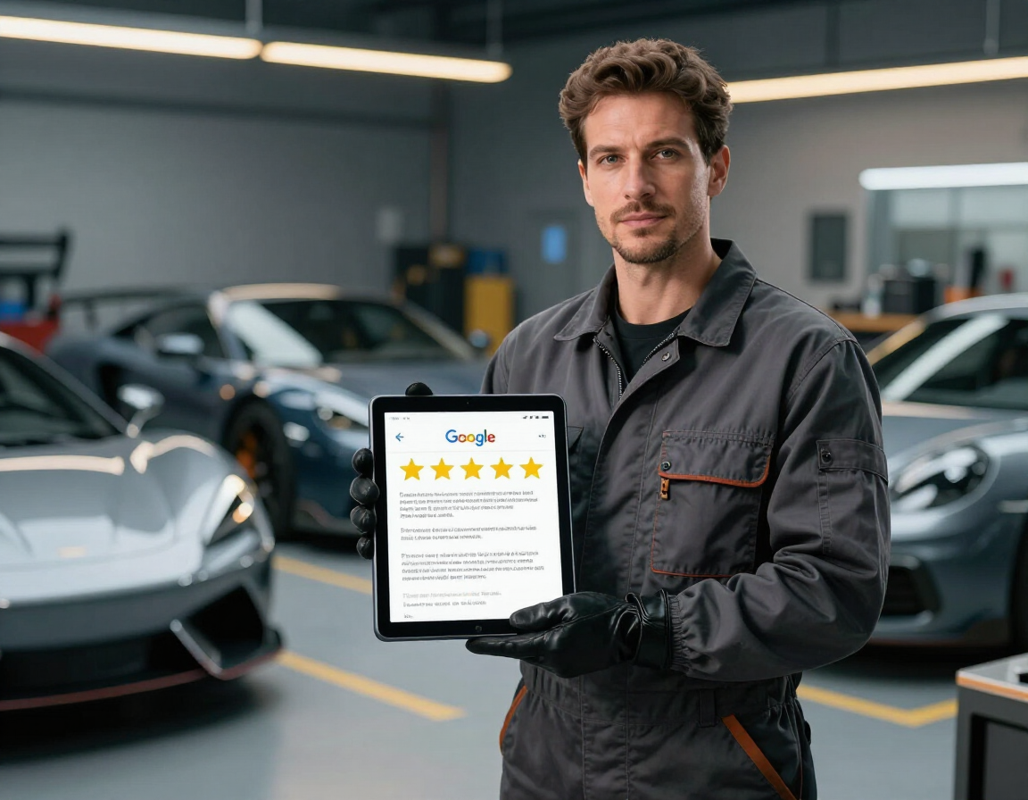 Mechanic checking digital reviews on tablet