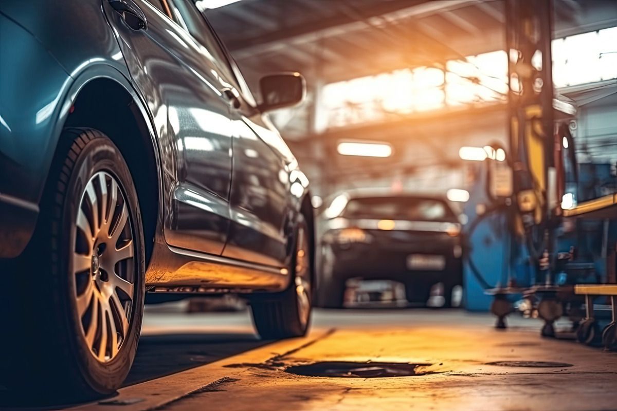 Car in an auto repair shop with warm workshop lighting and tools in the background