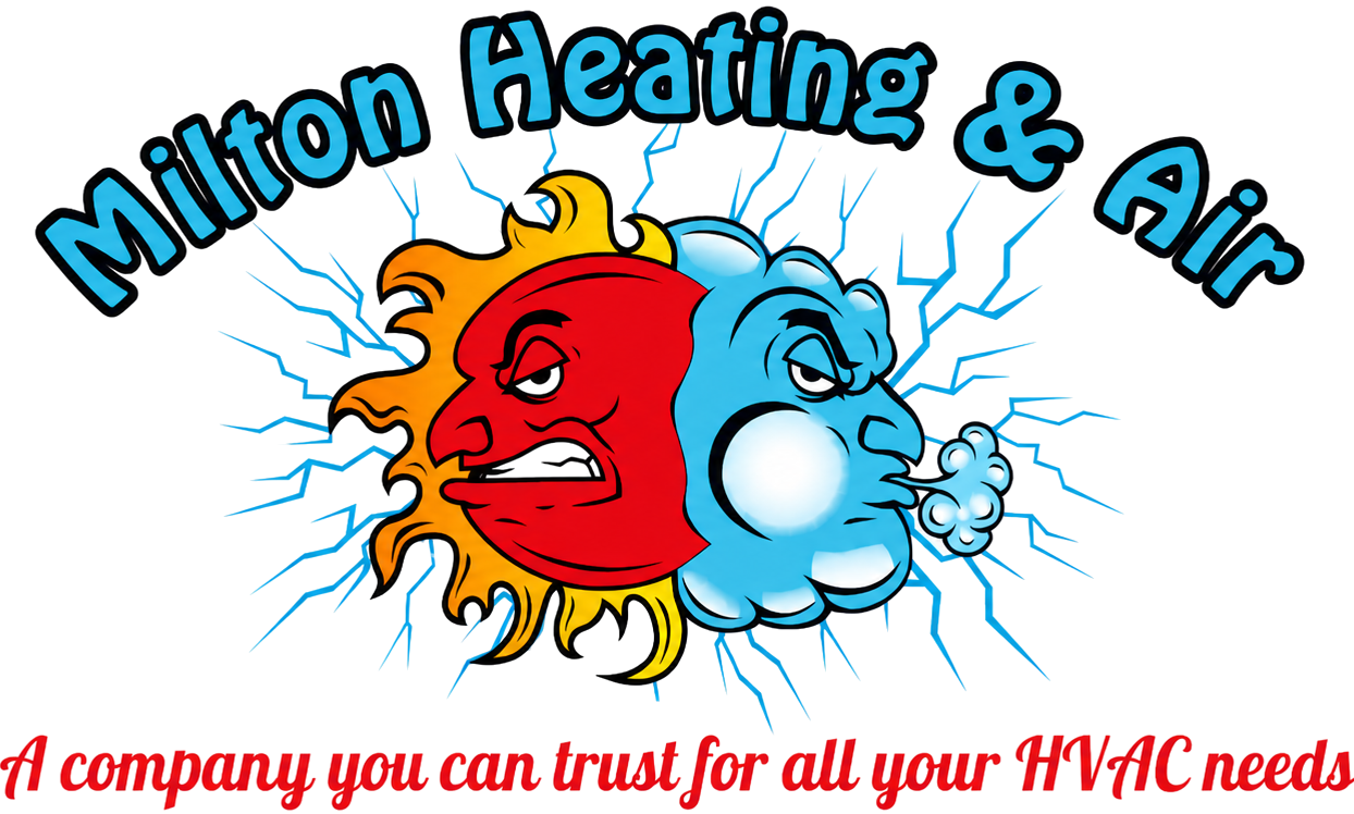 Milton Heating & Air logo with smiling red and blue sun faces and tagline about trusted HVAC needs