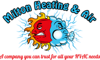 Milton Heating & Air logo with smiling red and blue sun faces and tagline about trusted HVAC needs