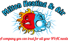 Milton Heating & Air logo with smiling red and blue sun faces and tagline about trusted HVAC needs