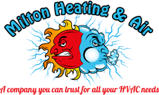 Milton Heating & Air logo with smiling red and blue sun faces and tagline about trusted HVAC needs