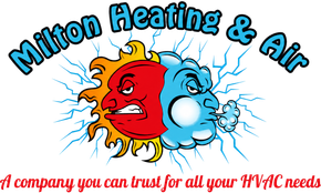 Milton Heating & Air logo with smiling red and blue sun faces and tagline about trusted HVAC needs