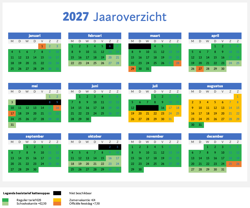Kalenderoverzicht voor 2027 met elke maand weergegeven. Groen gekleurde dagen geven minder dan 12 uur zonneschijn aan, zwart gekleurde dagen 24 uur of meer zonneschijn.
