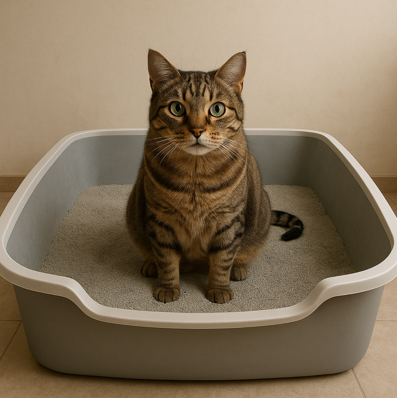 Een bruine cyperse kat met groene ogen zit in een grijze kattenbak.