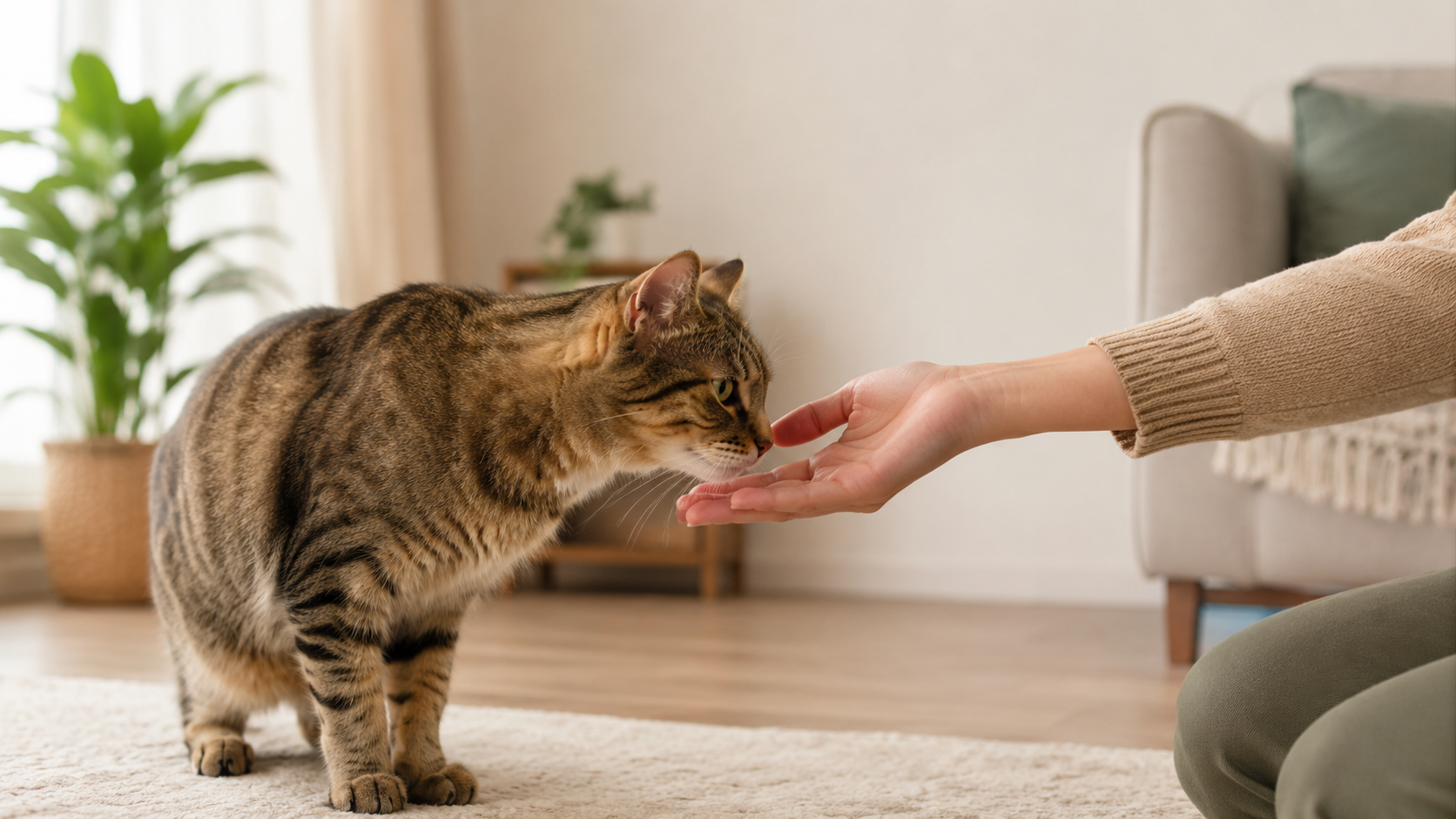 Een gestreepte kat eet uit iemands hand op de vloerbedekking van een woonkamer.