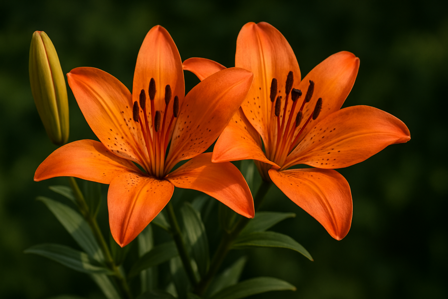 Twee oranje leliebloemen met groene bladeren op een donkere achtergrond
