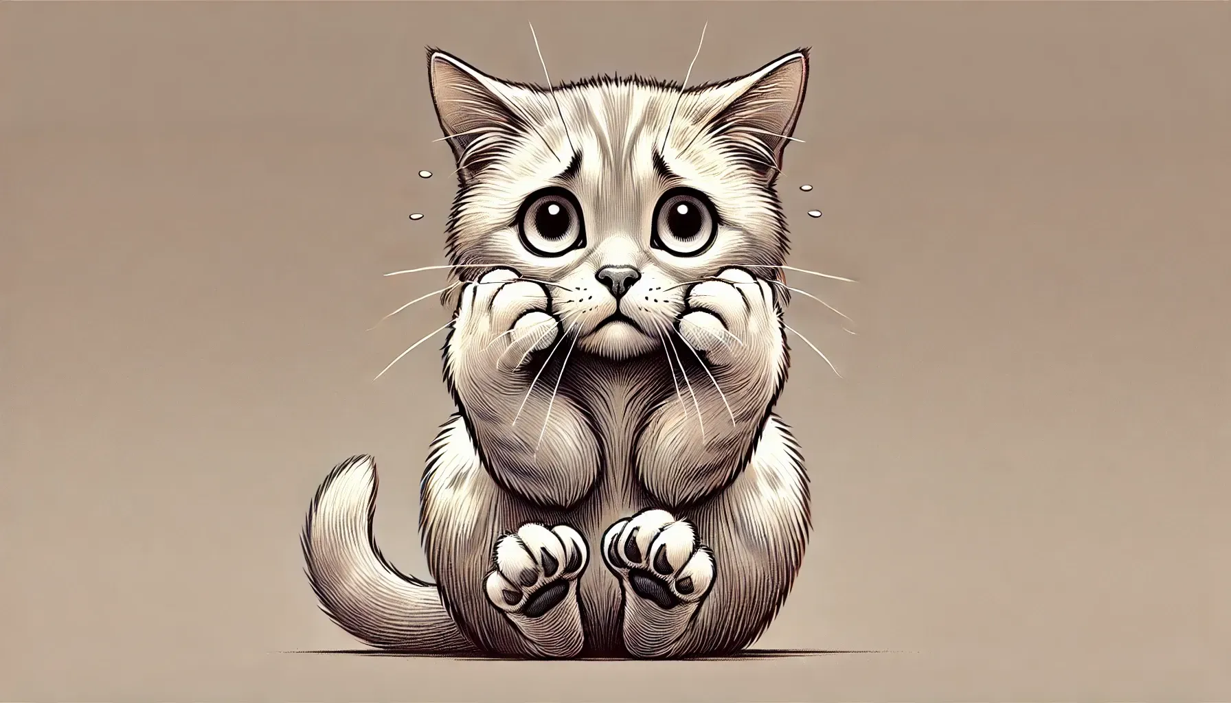 Grijze kitten met grote ogen, pootjes omhoog, kijkt bezorgd.