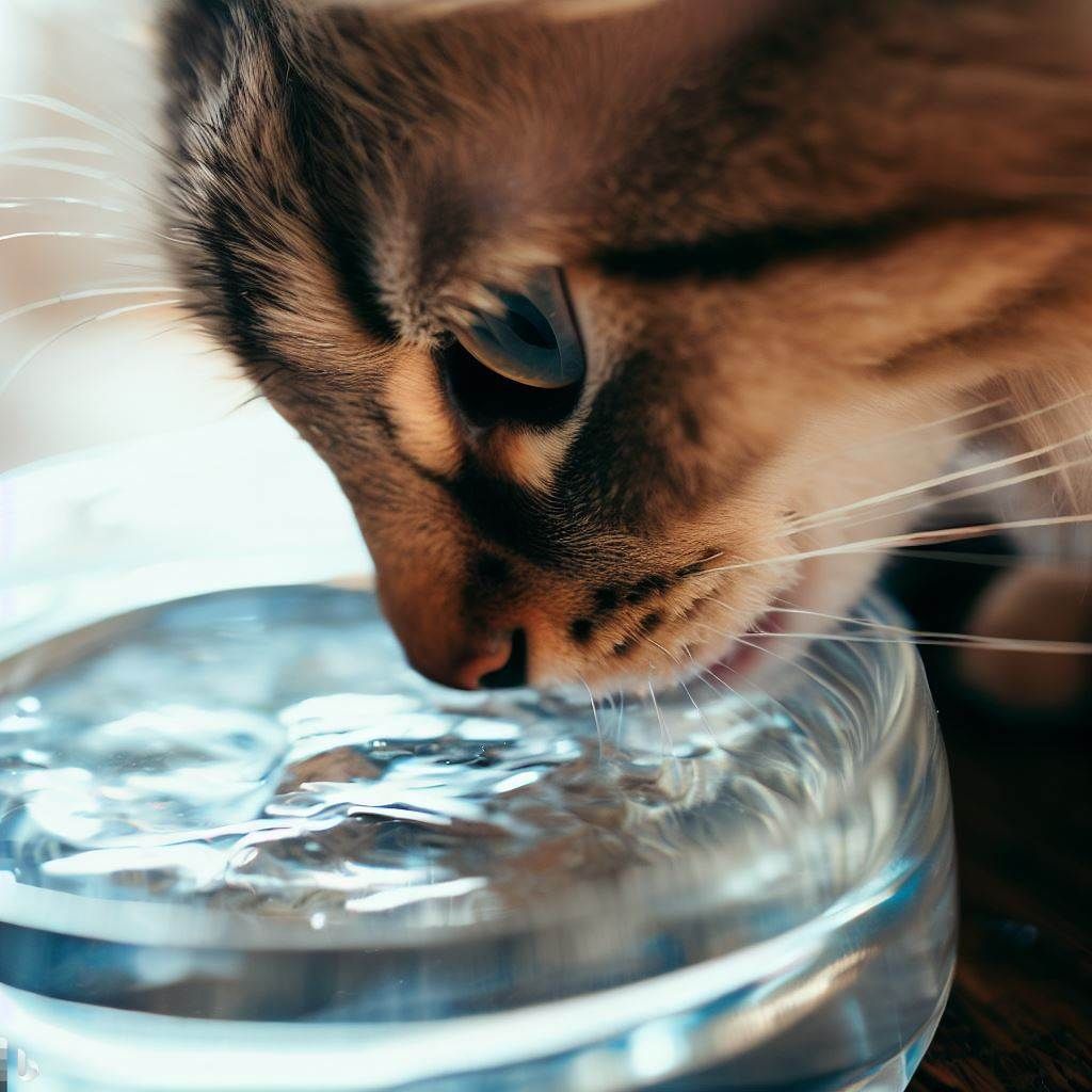 Een kat drinkt water uit een glazen kom.