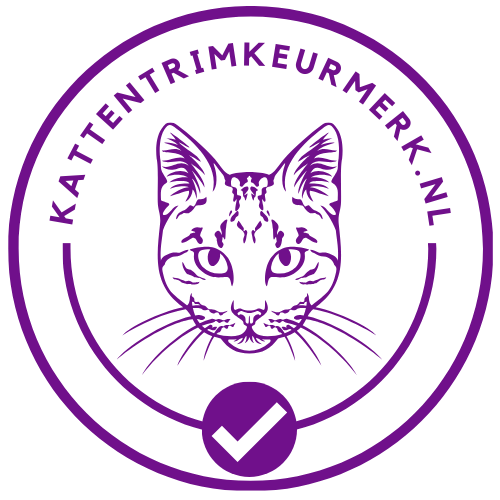 Paars cirkellogo met een kattengezicht en de tekst