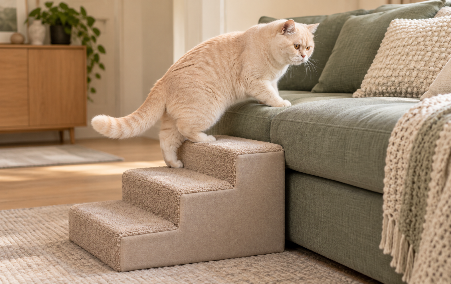 Crèmekleurige kat klimt via met tapijt beklede treden op een groene bank in een knusse woonkamer