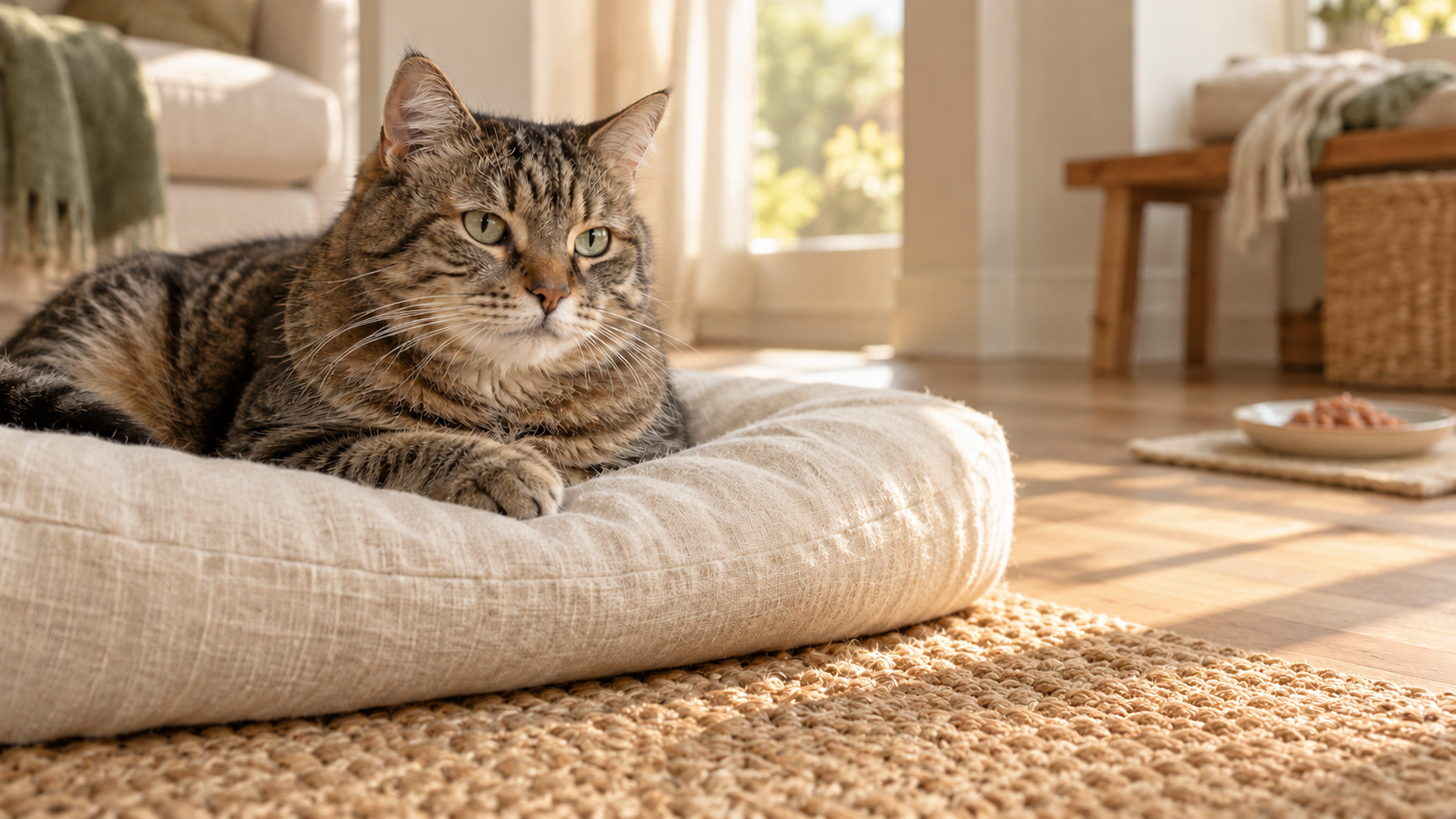 Een gestreepte kat ligt heerlijk op een beige kussen in een zonovergoten woonkamer.