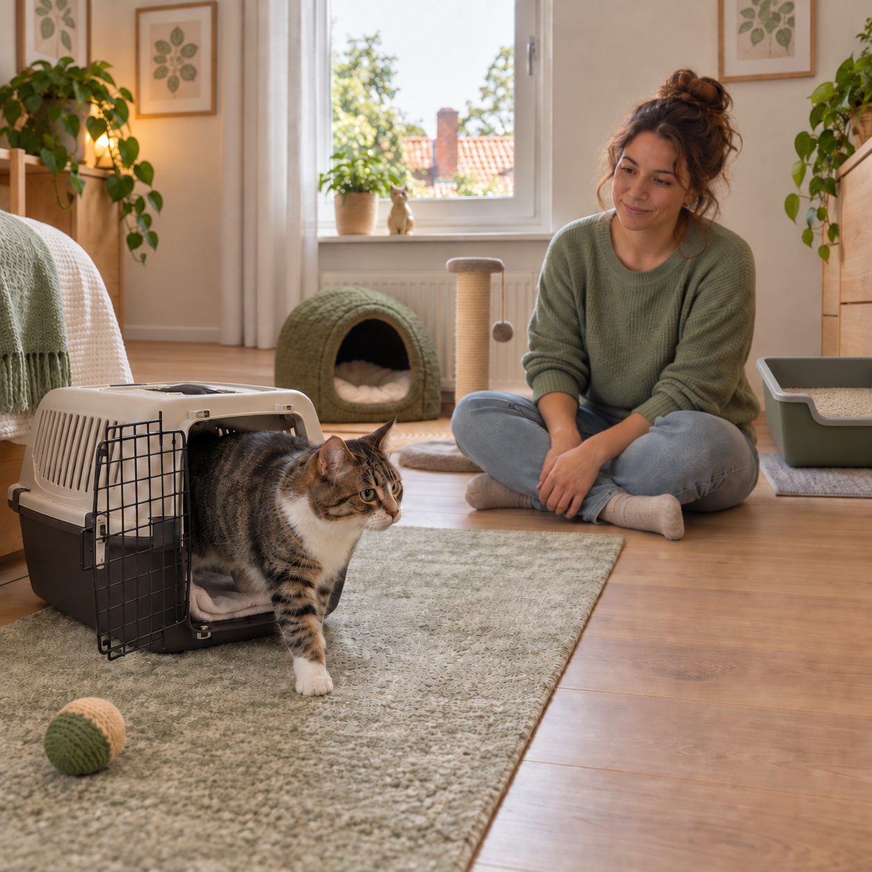 Cat stepping out of a pet carrier in a cozy living room, with a woman sitting nearby and a toy ball on the rug.