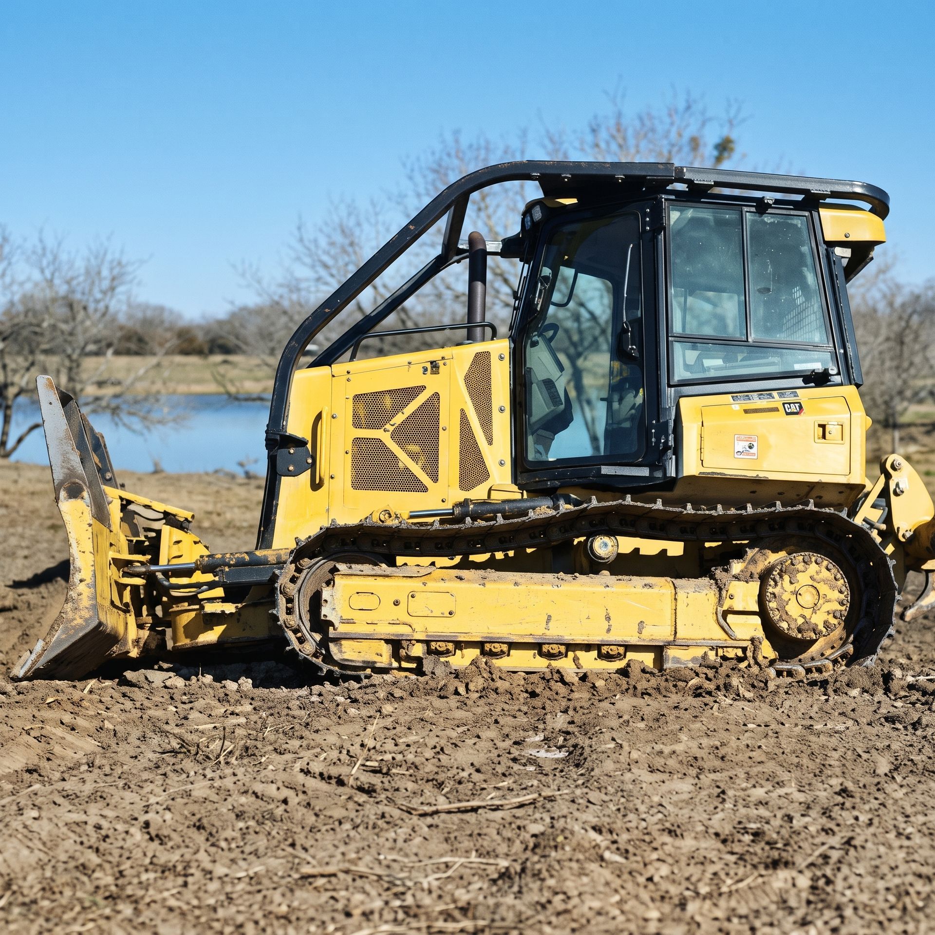 Yellow bulldozer with tracks working in a muddy field near water under a clear sky