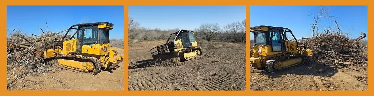 Yellow excavator in a dry field, shown in three side-by-side views under a clear blue sky