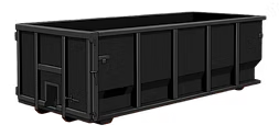 Black industrial dumpster with open top and hinged rear door
