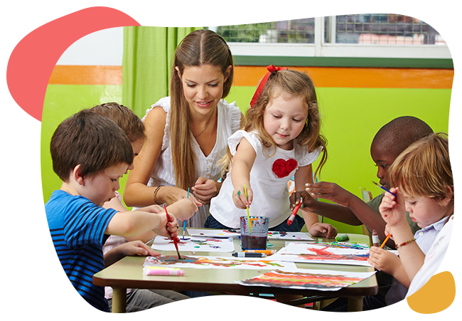 A woman is teaching a group of children how to paint.