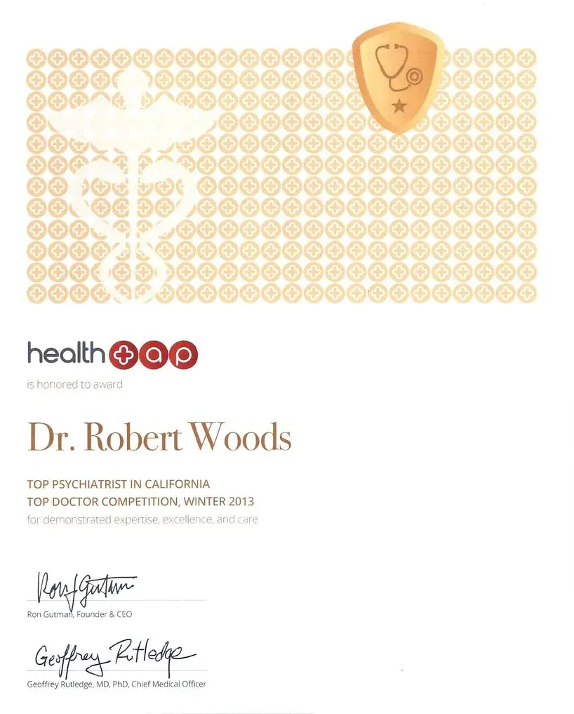 A certificate that says dr. robert woods on it