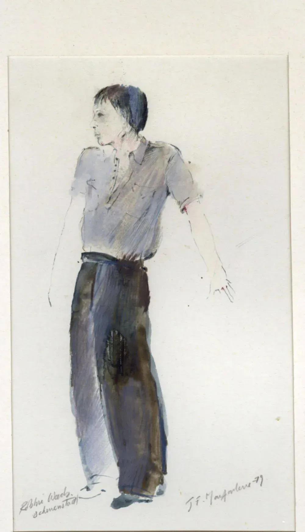 A watercolor painting of a man standing with his arms outstretched.