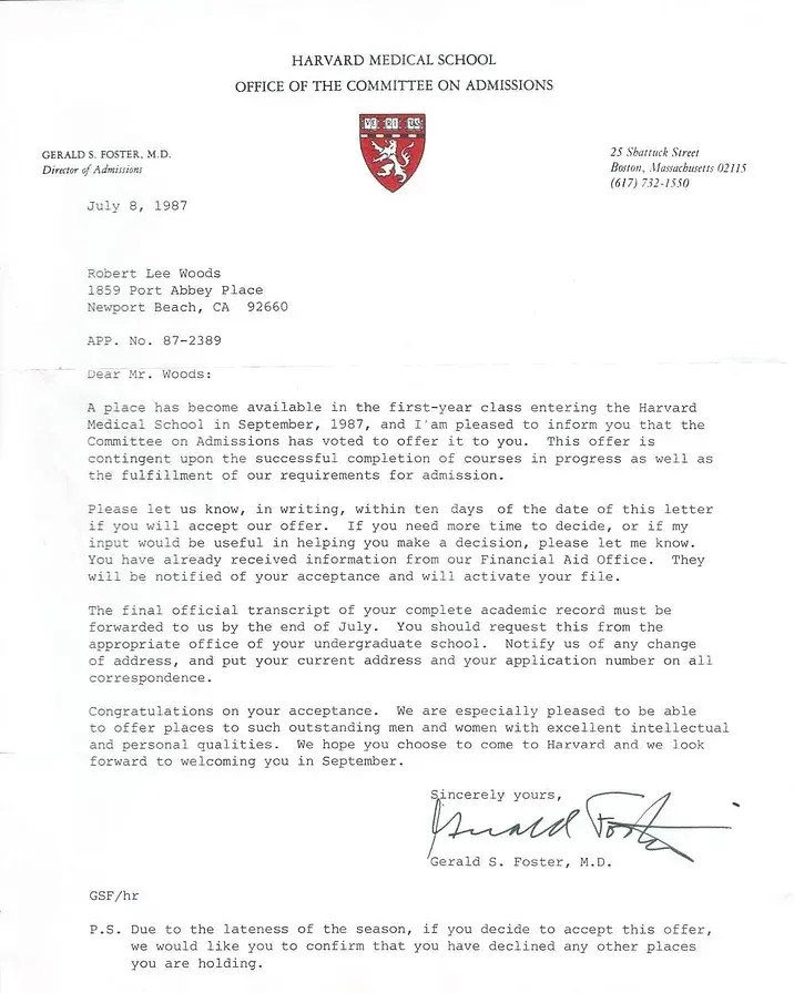A black and white letter from harvard medical school