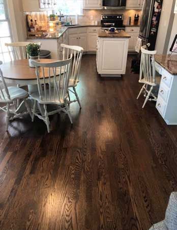 Bright kitchen with dark wood floors