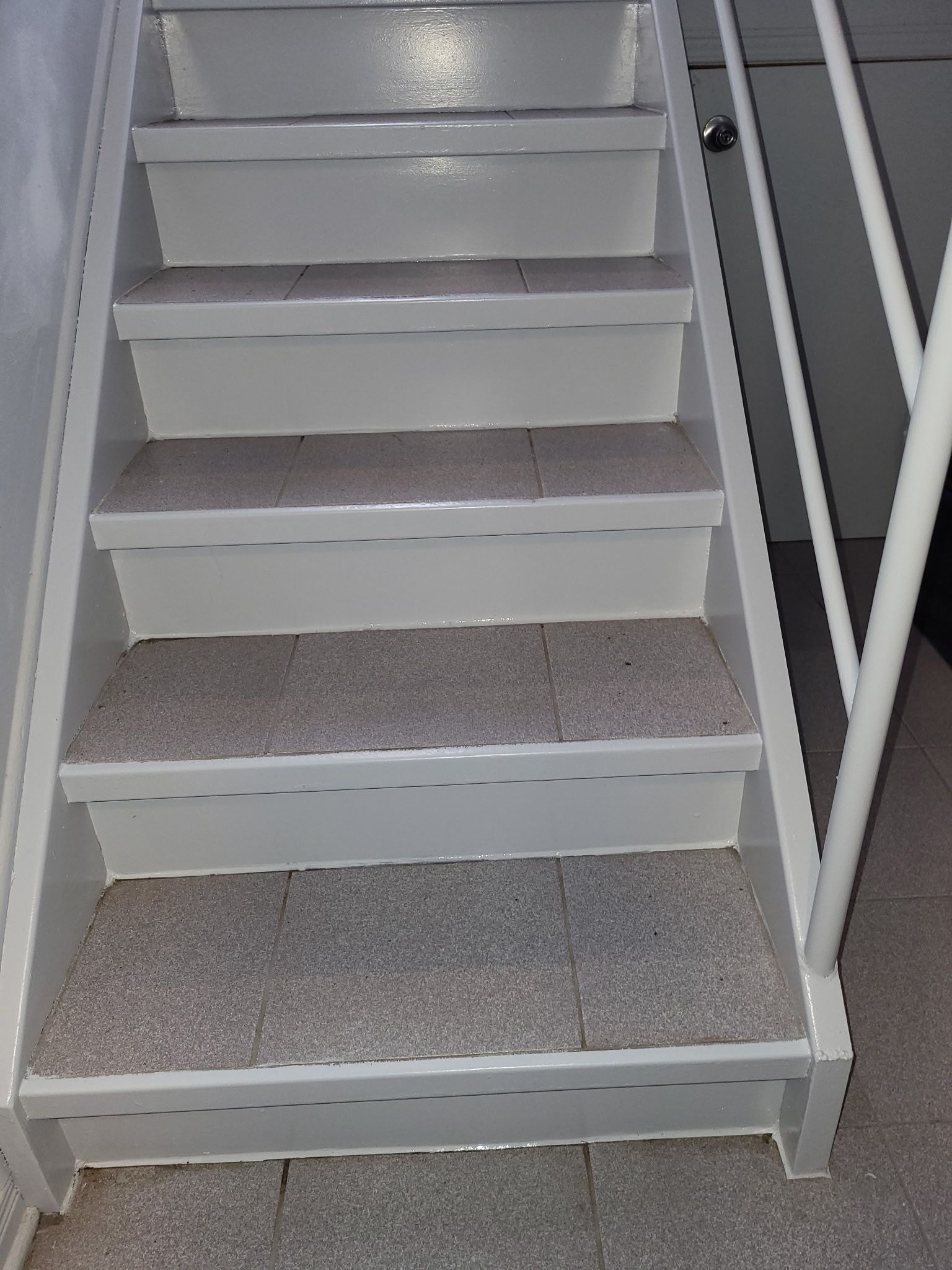 Escalier en métal blanc avec marches recouvertes de moquette grise et rampe blanche.
