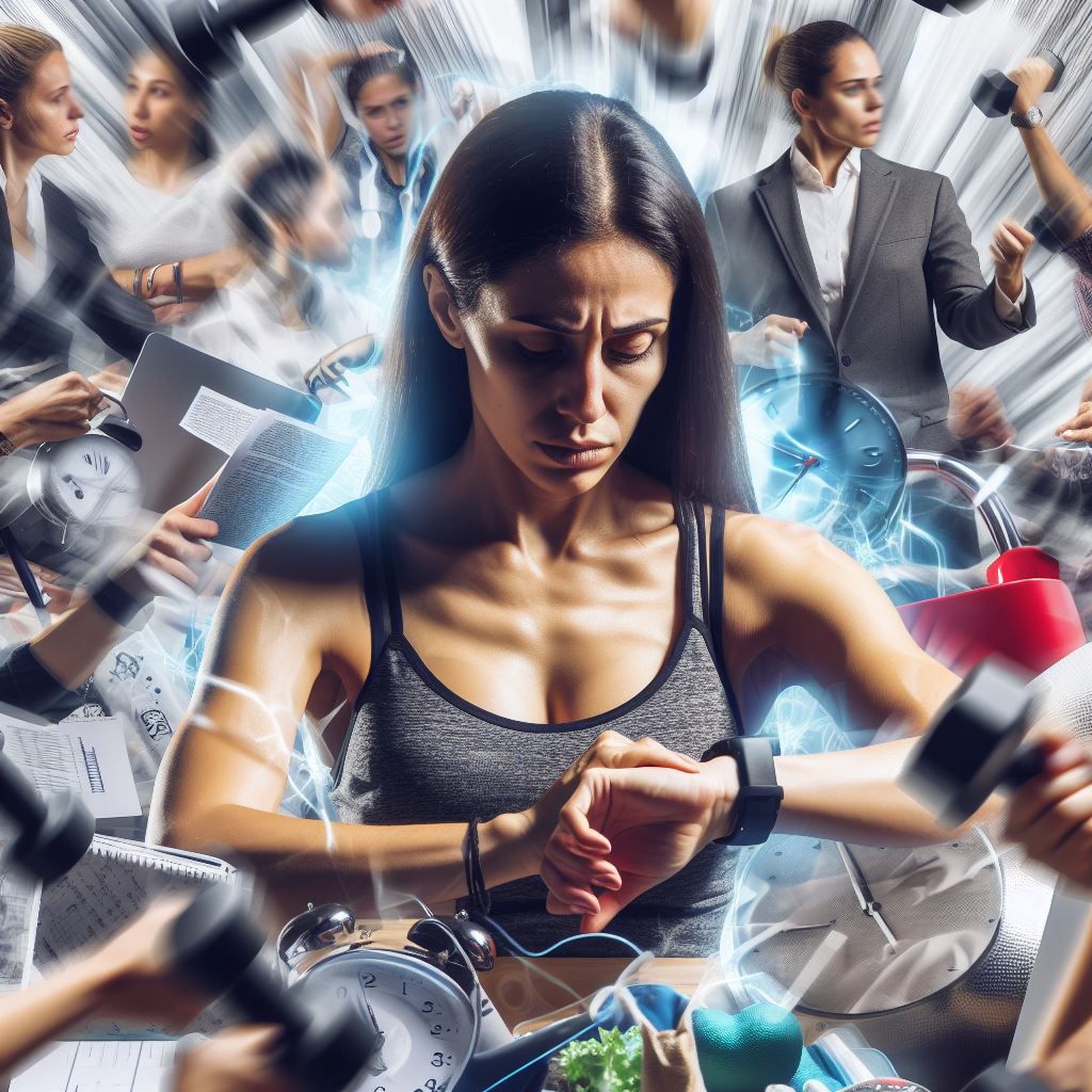 A woman is looking at her watch in front of a crowd of people.