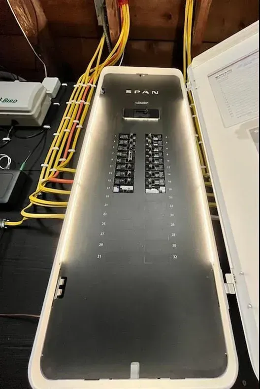 a black and white electrical panel with a lot of wires coming out of it .